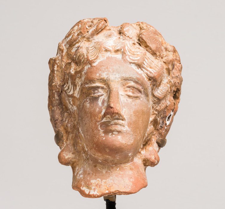Female terracotta head with curly hair, wearing an ivy wreath around the back and sides of her hair. She has open eyes, a long nose, and a small mouth. There are numerous chips and dents with patches of white.