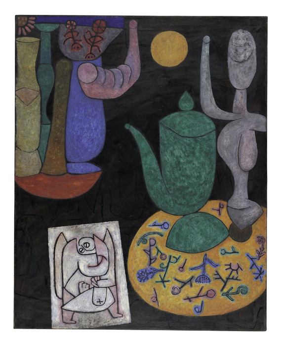 A vertical painting with a collection of objects and images against a black background. A green teapot with a long neck and a tan human-like statue sit next to a linear drawing of an angel. On the right, a collection of vase-like forms in blue, green, and browns.